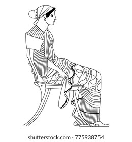 Isolated vector illustration. Linear drawing of an ancient Greek woman sitting on the chair. Based on Greek vase painting.