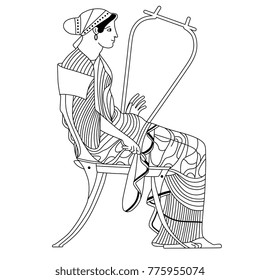 Isolated vector illustration. Linear drawing of an ancient Greek woman seated on the chair playing the lyre. Based on Greek vase painting.