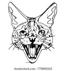 Isolated vector illustration. Linear sketch of a serval head. Based on hand drawn black ink sketch.