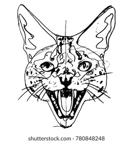 Isolated vector illustration. Linear sketch of a serval head. Based on hand drawn black ink sketch.