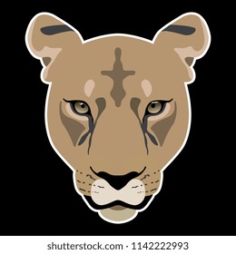 Isolated vector illustration of a lioness or mountain lion head. Cartoon style. On black background.