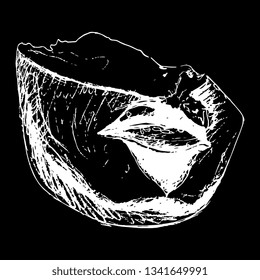 
Isolated vector illustration. Lips of queen Tiye, mother of pharaoh Akhenaten. Broken head of ancient Egyptian sculpture from Amarna. Hand drawn linear sketch. White silhouette on black background.