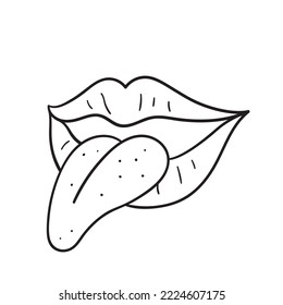 Isolated vector illustration of lips and tongue. Cute thin line icon for design, cover etc.	