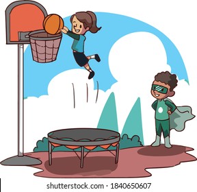 isolated vector illustration of little girl playing basketball with trampoline