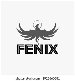 Vector aislado, ilustración, logotipo sobre fondo blanco - fenix, que representa la palabra y la silueta de un pájaro. Tiene forma cuadrada. Para una empresa donde hay un renacimiento, una transformación.