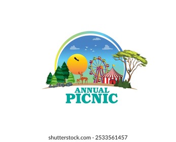 Logotipo isolado da ilustração do vetor do piquenique, Dia fora, Dia da família, Logotipo divertido, Evento de férias, Logotipo do dia de viagem, alegria feliz divertimento juntos amor conceito criativo tema mnemônico tipografia letras 