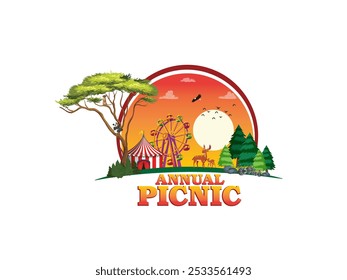 Logotipo isolado da ilustração do vetor do piquenique, Dia fora, Dia da família, Logotipo divertido, Evento de férias, Logotipo do dia de viagem, alegria feliz divertimento juntos amor conceito criativo tema mnemônico tipografia letras 