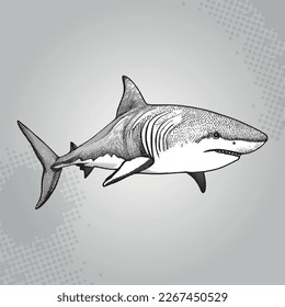 Isolated Vector Illustration of a Lone Shark Swimming with Halftone Effect: Perfect for Ocean-Themed Designs and Projects