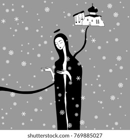 Isolated vector illustration. Lonely lady standing at a Russian church under snowflakes. Based on hand drawn original style art.