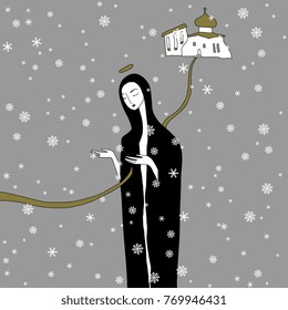 Isolated vector illustration. Lonely lady standing at a Russian church under snowflakes. Based on hand drawn original style art.
