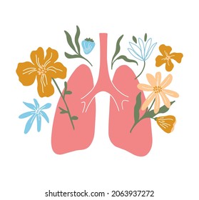 Isolated vector illustration of lungs with blossom flowers. Human lung, bronchi. Healthy breathe concept. Health of respiratory system. Healthcare or asthma treatment, disease prevention. Art poster