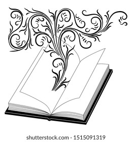 Isolated vector illustration. Magic smoke or abstract swirls emerging from open book with blank pages. Black and white silhouette.