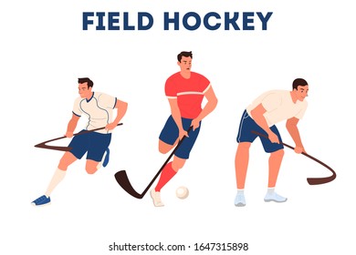 Isolated vector illustration of male field hockey athlete. Male field hockey player. Young professional sportsman training. Healthy lifestyle concept.