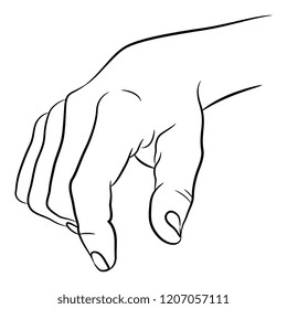 Isolated vector illustration. Male human hand in relaxed gesture. Hand drawn linear sketch. Black silhouette on white background.
