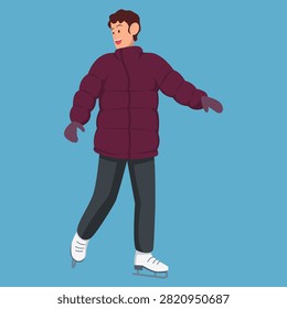 Isolated vector illustration of a man ice skating, wearing a maroon winter jacket, gloves, and skates in flat cartoon character design