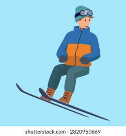 Isolated vector illustration of a man skiing mid-jump, wearing goggles, a winter jacket, and skis in flat cartoon character design