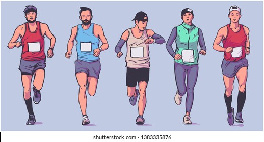 Isolated vector illustration of marathon long distance runners in color