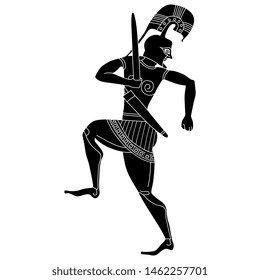 Isolated vector illustration. Marching ancient Greek warrior. Black and white silhouette.
