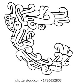 Isolated vector illustration. Mayan decor. Abstract geometrical scroll. Ancient Native American Mexican art. Hand drawn linear doodle sketch. Black silhouette on white background.
