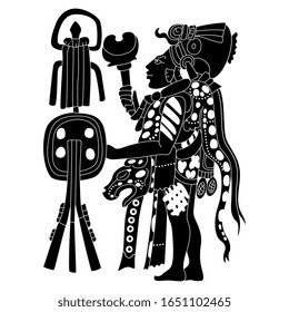 Isolated vector illustration. Mayan man or priest. Tribal art. Native American Indian decor from ancient Mexico. Black and white silhouette.