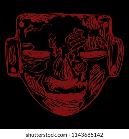 Isolated vector illustration of Mayan mask from Teotihuacan. Ancient art of Pre-Columbian Mexican Indians. Hand drawn linear doodle ink sketch. Black silhouette on white background.