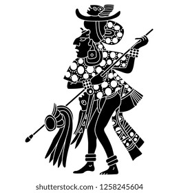 Isolated vector illustration. Mayan priest. Ancient tribal motif. Black and white linear silhouette. Cartoon style.