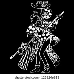 Isolated vector illustration. Mayan priest. Ancient tribal motif. White silhouette on black background. Hand drawn doodle sketch.