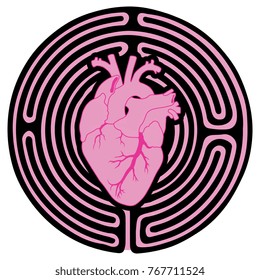 Isolated vector illustration. Maze with a human heart in its core.