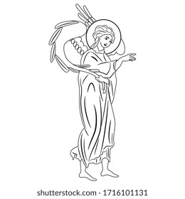 Ilustración vectorial aislada. Ángel medieval sosteniendo su ala. Silueta lineal en blanco y negro.