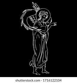 Isolated vector illustration. Medieval angel holding its wing. Hand drawn linear doodle sketch. White silhouette on black background.