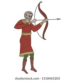 Isolated vector illustration. Medieval archer. Man with bow and arrow.