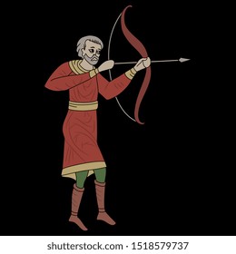 Isolated vector illustration. Medieval archer. Man with bow and arrow. On black background.
