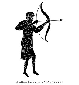 Isolated vector illustration. Medieval archer. Man with bow and arrow. Black and white silhouette.