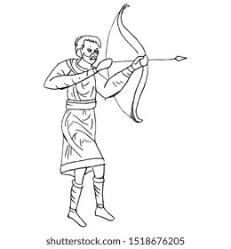 Isolated vector illustration. Medieval archer. Man with bow and arrow. Hand drawn linear sketch. Black silhouette on white background.