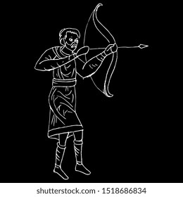 Isolated vector illustration. Medieval archer. Man with bow and arrow. Hand drawn linear sketch. White silhouette on black background.