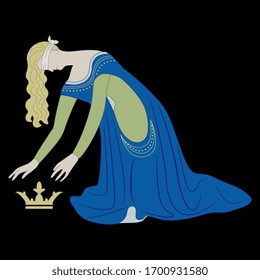 Isolated vector illustration. Medieval blindfolded princess who lost her crown. Kneeling queen.