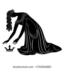 Isolated vector illustration. Medieval blindfolded princess who lost her crown. Kneeling defeated queen. Black and white linear silhouette.