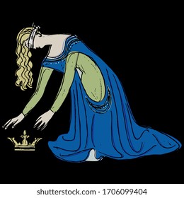 Ilustración vectorial aislada. princesa medieval con los ojos vendados que perdió la corona. arrodillarse derrotó a la reina. Dibujo a mano de dibujos coloridos.