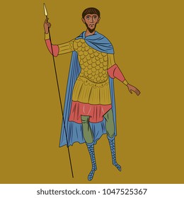 Isolated vector illustration. Medieval Byzantine warrior. Based on ancient icon of St. Theodore Tyron from Mount Athos monastery. Cartoon style.