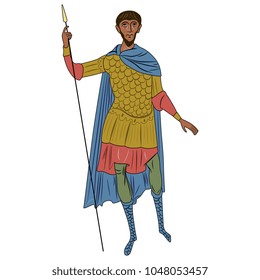 Isolated vector illustration. Medieval Byzantine warrior. Based on ancient icon of St. Theodore Tyron from Mount Athos monastery. Cartoon style.