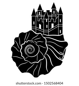 
Isolated vector illustration. Medieval castle on a sea shell. Maze labyrinth way. Black and white silhouette. Fantastic conceptual metaphor.