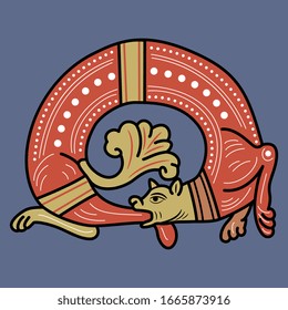 Isolated vector illustration. Medieval dragon biting its own tail. Ouroboros. Gothic illuminated manuscript motif.