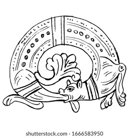Isolated vector illustration. Medieval dragon biting its own tail. Ouroboros. Gothic illuminated manuscript motif. Hand drawn linear sketch. Black silhouette on white background.