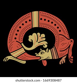 Isolated vector illustration. Medieval dragon biting its own tail. Ouroboros. Gothic illuminated manuscript motif.