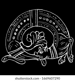 Isolated vector illustration. Medieval dragon biting its own tail. Ouroboros. Gothic illuminated manuscript motif. White silhouette on black background. Hand drawn linear sketch.
