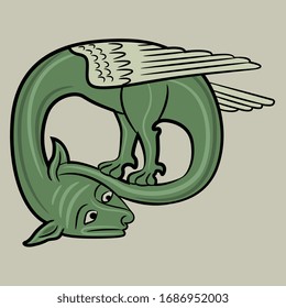 Isolated vector illustration. Medieval dragon. Fantastic winged mythological animal. Illuminated manuscript motif.
