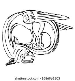 Isolated vector illustration. Medieval dragon. Fantastic winged mythological animal. Illuminated manuscript motif. Hand drawn linear doodle ink sketch. Black silhouette on white background.