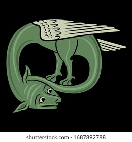 Isolated vector illustration. Medieval dragon. Fantastic winged mythological animal. Illuminated manuscript motif.