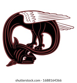 Ilustración vectorial aislada. dragón medieval. Fantástico animal mitológico alado. Motivo de manuscrito iluminado. Silueta monocroma.
