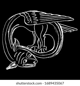 Isolated vector illustration. Medieval dragon. Fantastic winged mythological animal. Illuminated manuscript motif. Hand drawn linear doodle sketch. White silhouette on black background.